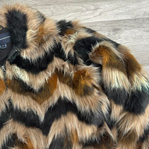 French Connection Dallow Faux Fur Bomber Jacket Chevron Brown Black Size XL - Picture 4 of 8